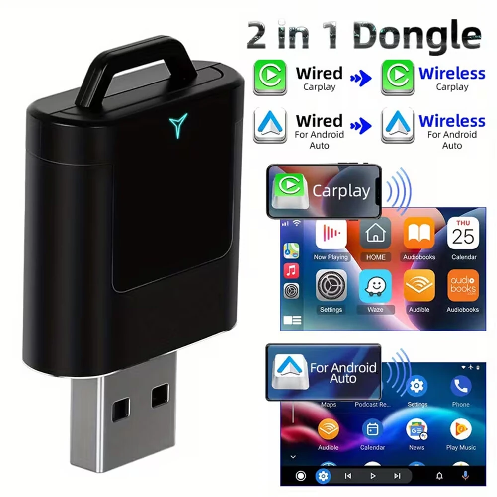 Wired to Wireless CarPlay Android Auto 2in1 Mini Adapter 5GHz WiFi5 Suitable for Original Wired Carplay/Auto Cars — image 1