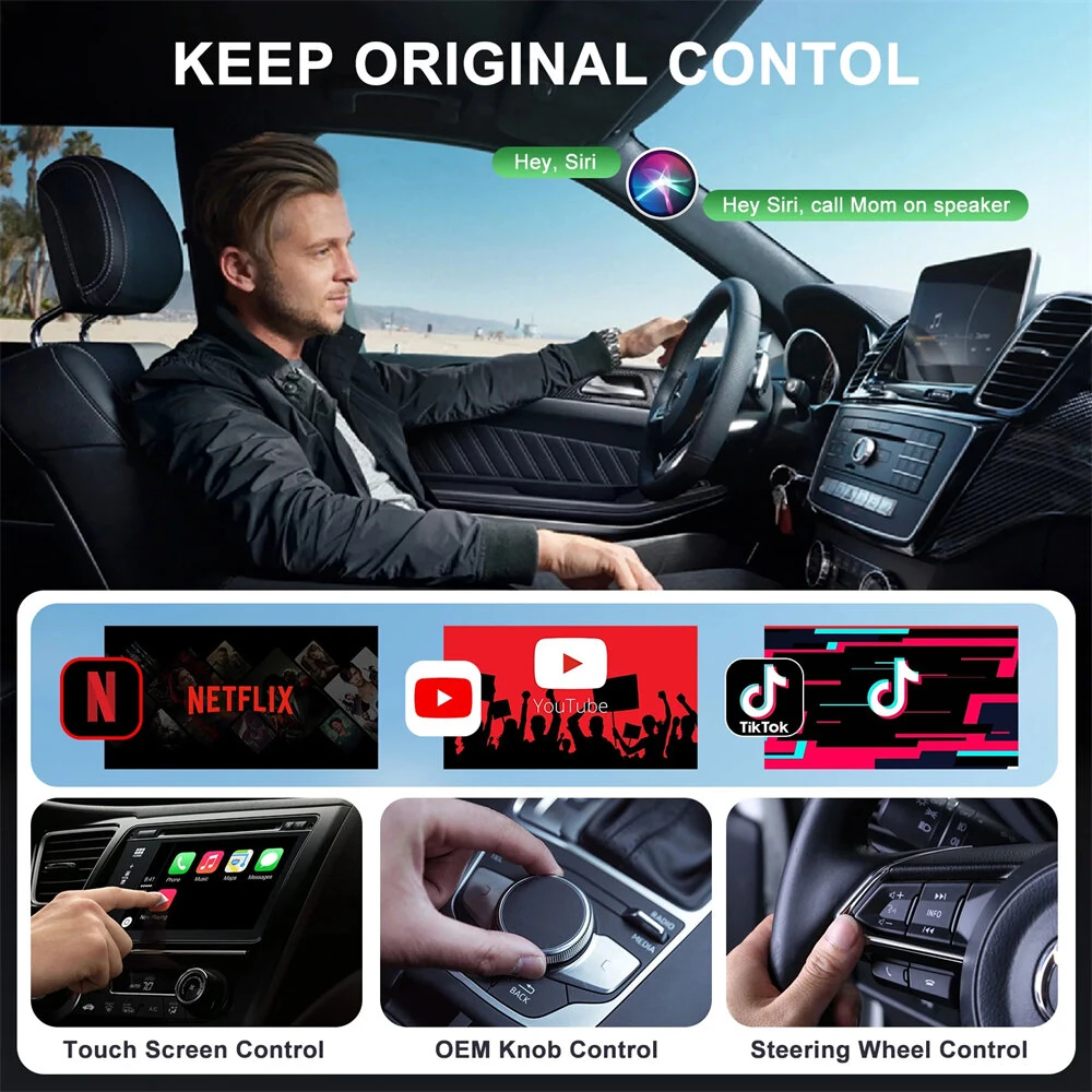 Wireless CarPlay Adapter Support Watch Video Online Netflix/YouTube/Tiktok For OEM Wired CarPlay Cars — view 2