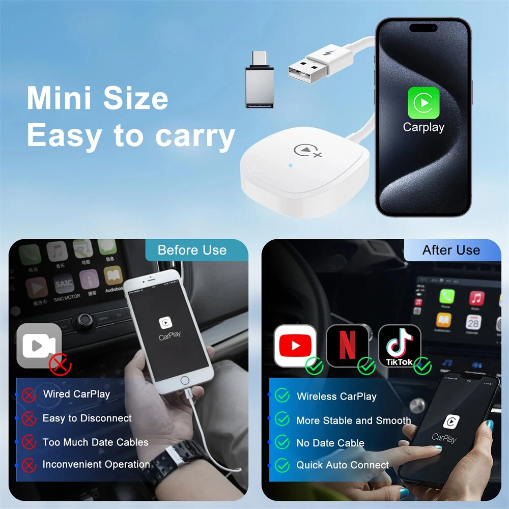 Wireless CarPlay Adapter Support Watch Video Online Netflix/YouTube/Tiktok For OEM Wired CarPlay Cars — view 6