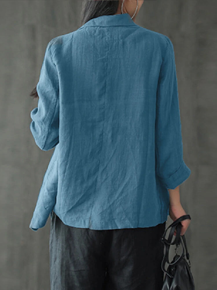 Women 100% Cotton Solid Color Button Front Business Thin All-Match Blazer With Pocket — view 2