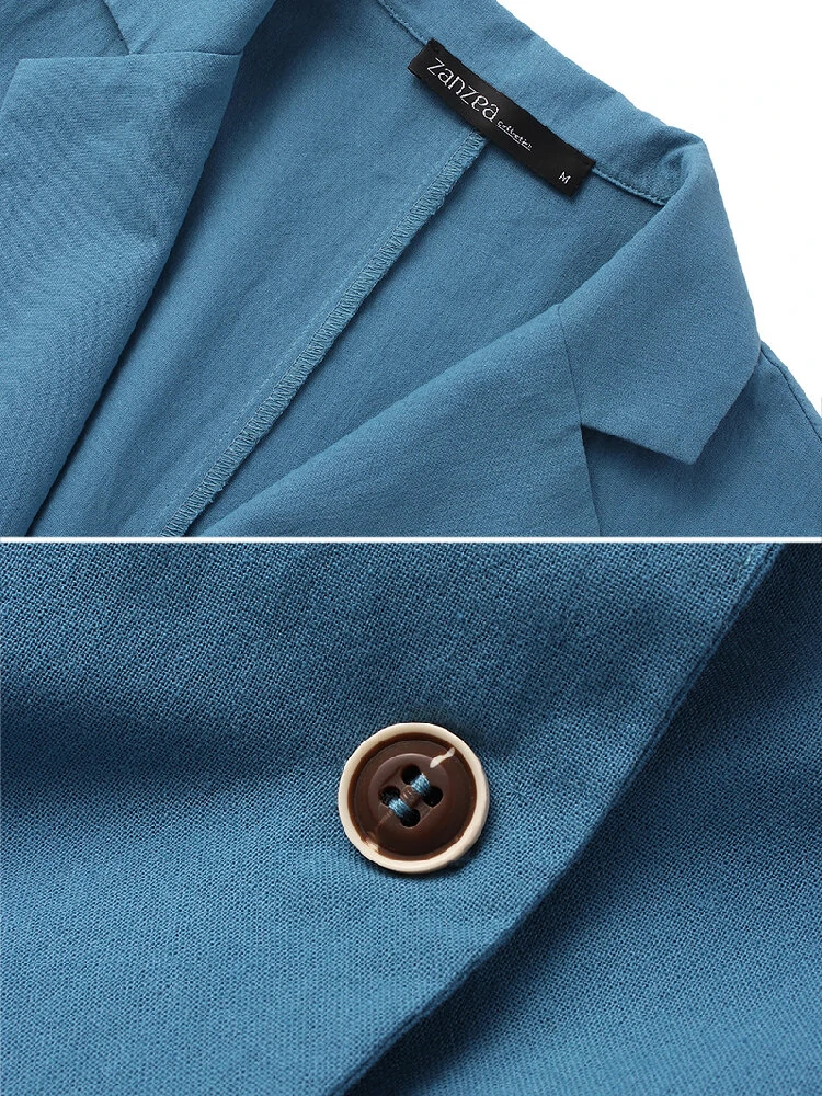 Women 100% Cotton Solid Color Button Front Business Thin All-Match Blazer With Pocket — view 9