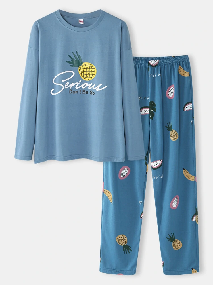 Women Cartoon Fruit Print O-Neck Loose Pants Cotton Comfy Plus Size Home Pajamas — view 11