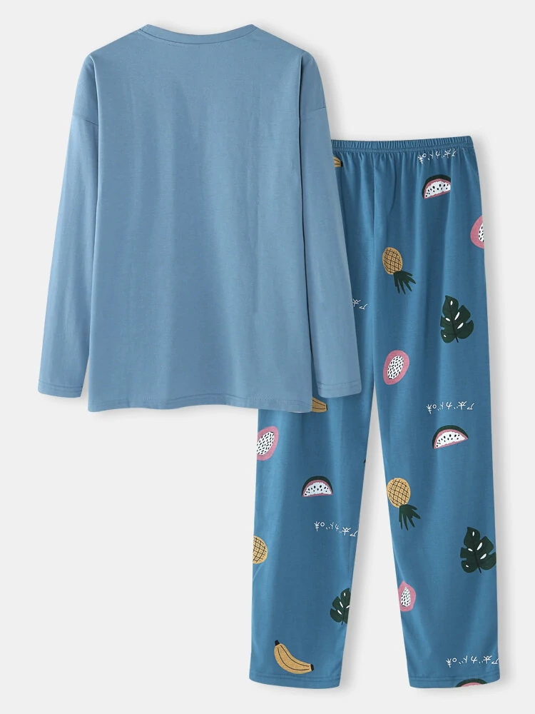 Women Cartoon Fruit Print O-Neck Loose Pants Cotton Comfy Plus Size Home Pajamas — view 2