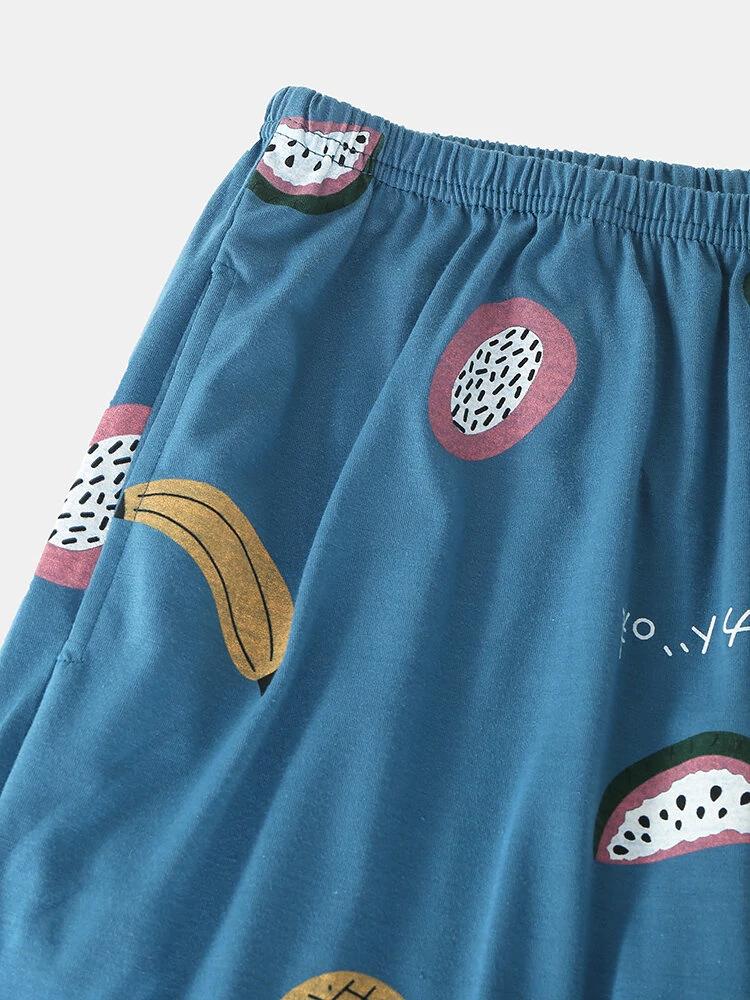 Women Cartoon Fruit Print O-Neck Loose Pants Cotton Comfy Plus Size Home Pajamas — view 8