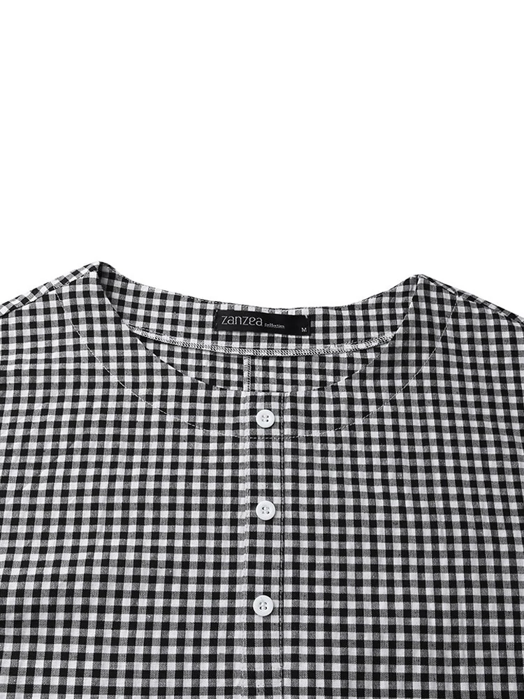 Women Casual Plaid Half Button Front Long Sleeve Maxi Dresses — view 6