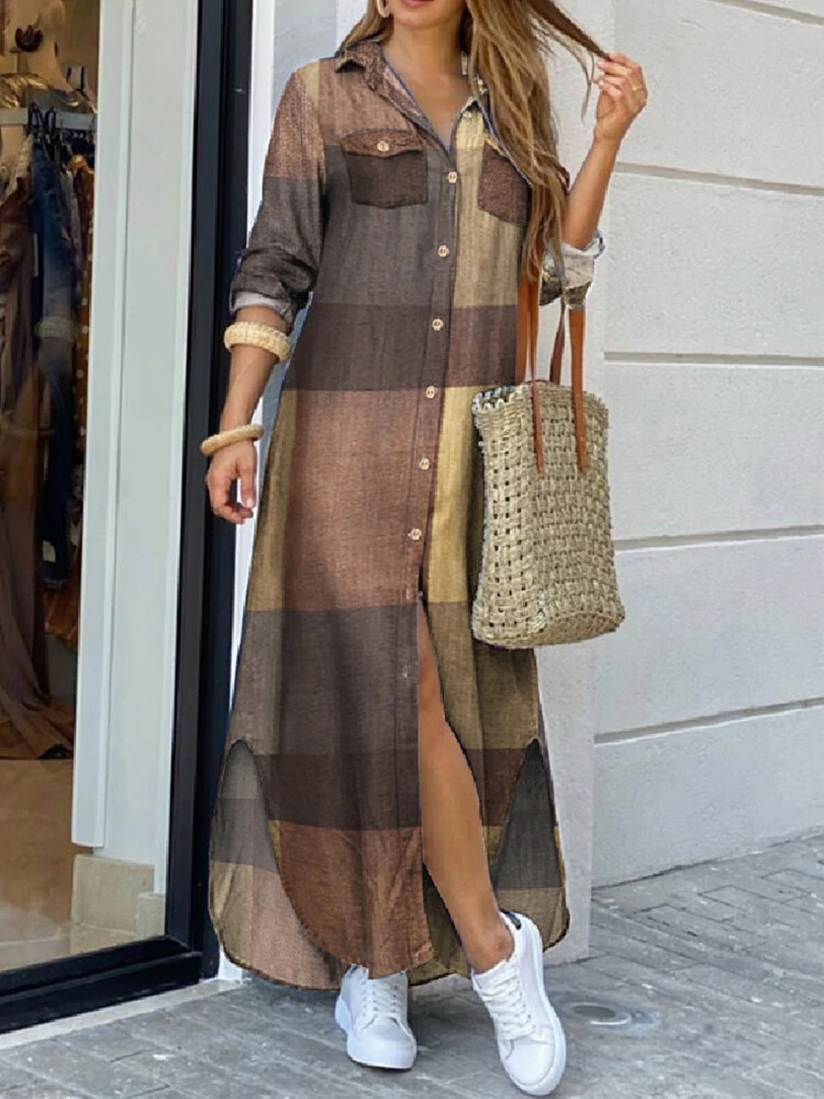 Women Casual Plaid Print Irregular Split Hem Maxi Shirts Dress with Side Pockets — view 3