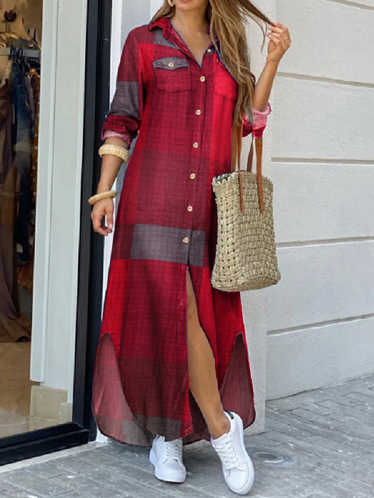 Women Casual Plaid Print Irregular Split Hem Maxi Shirts Dress with Side Pockets — view 4