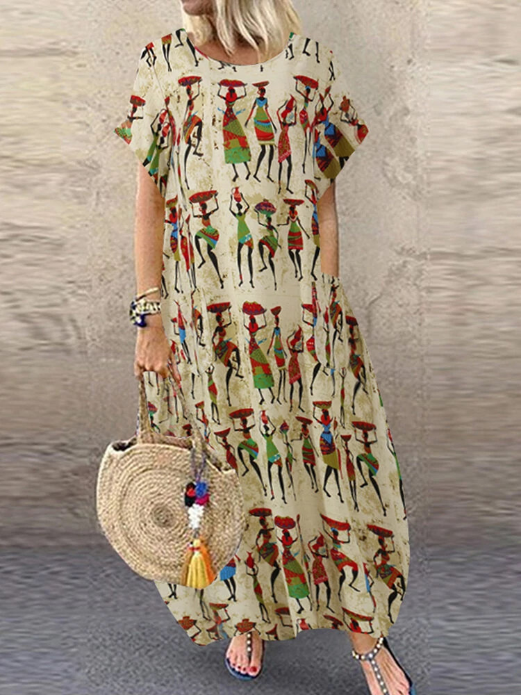 Women Ethnic Style Figure Print Round Neck Short Sleeve Loose Baggy Maxi Dresses — ZANZEA