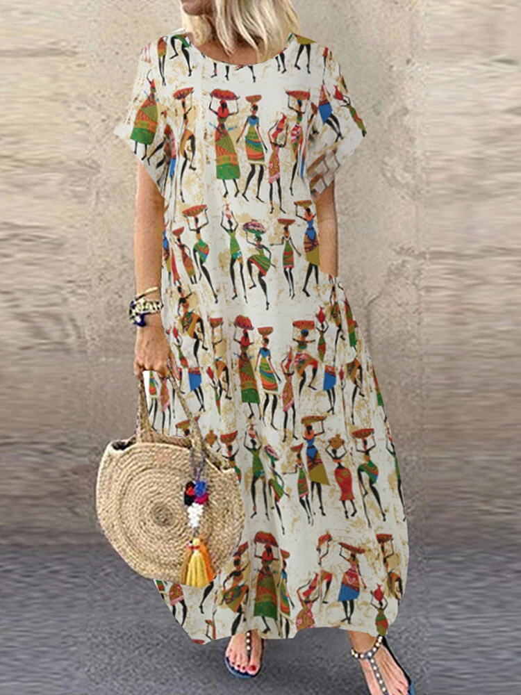 Women Ethnic Style Figure Print Round Neck Short Sleeve Loose Baggy Maxi Dresses — view 2