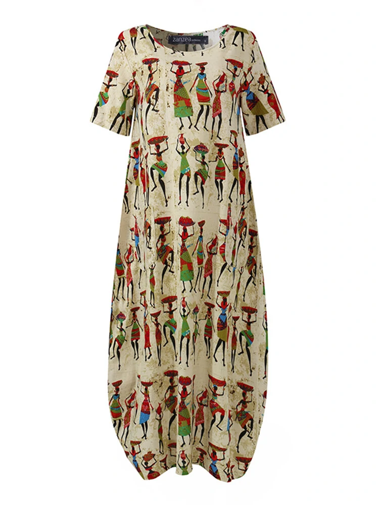 Women Ethnic Style Figure Print Round Neck Short Sleeve Loose Baggy Maxi Dresses — view 3