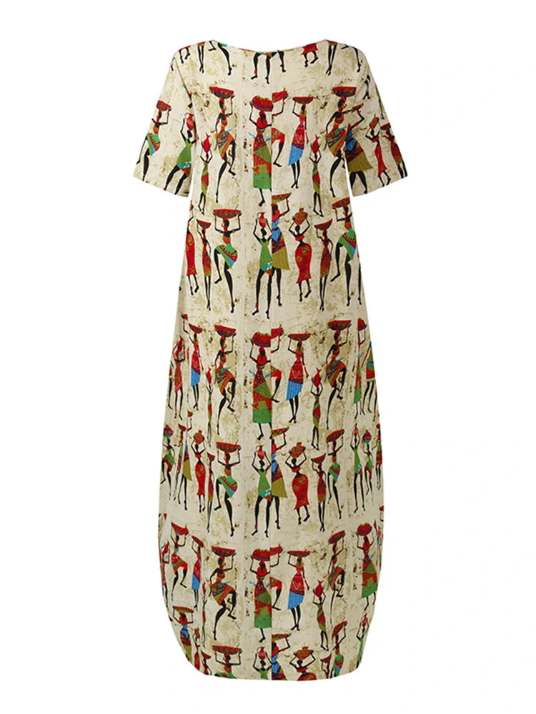 Women Ethnic Style Figure Print Round Neck Short Sleeve Loose Baggy Maxi Dresses — view 4