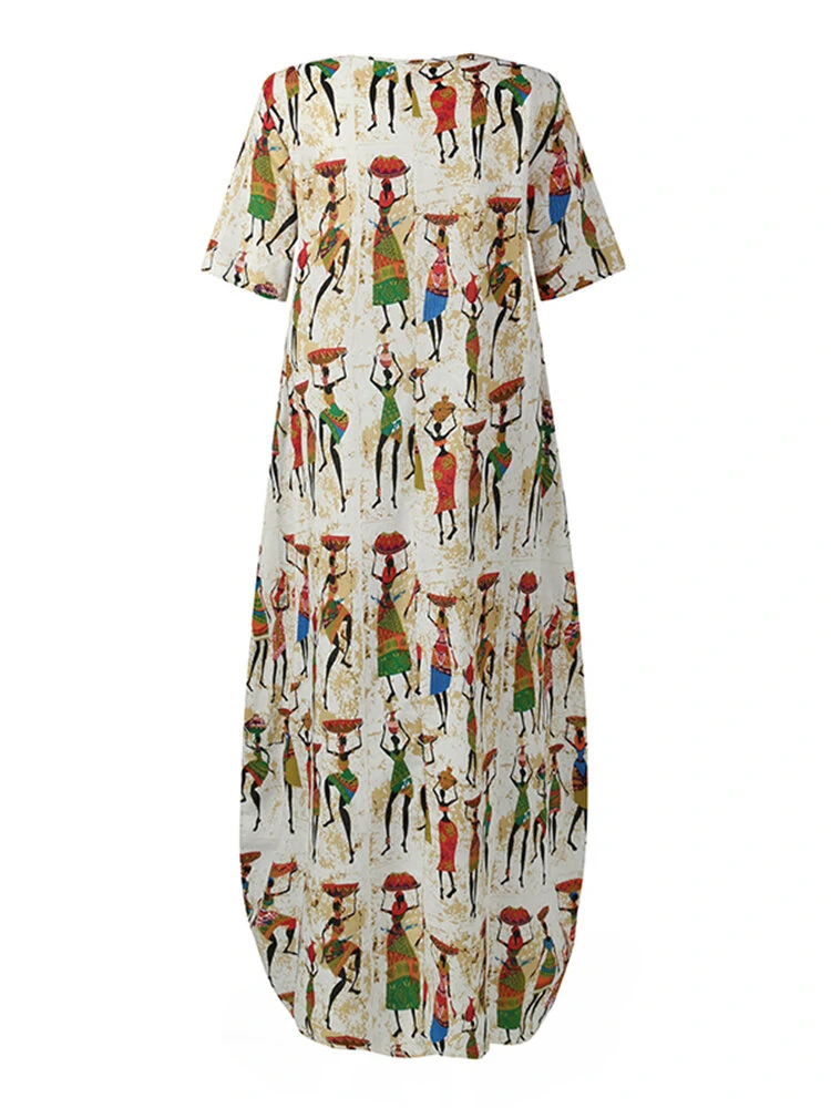 Women Ethnic Style Figure Print Round Neck Short Sleeve Loose Baggy Maxi Dresses — view 6