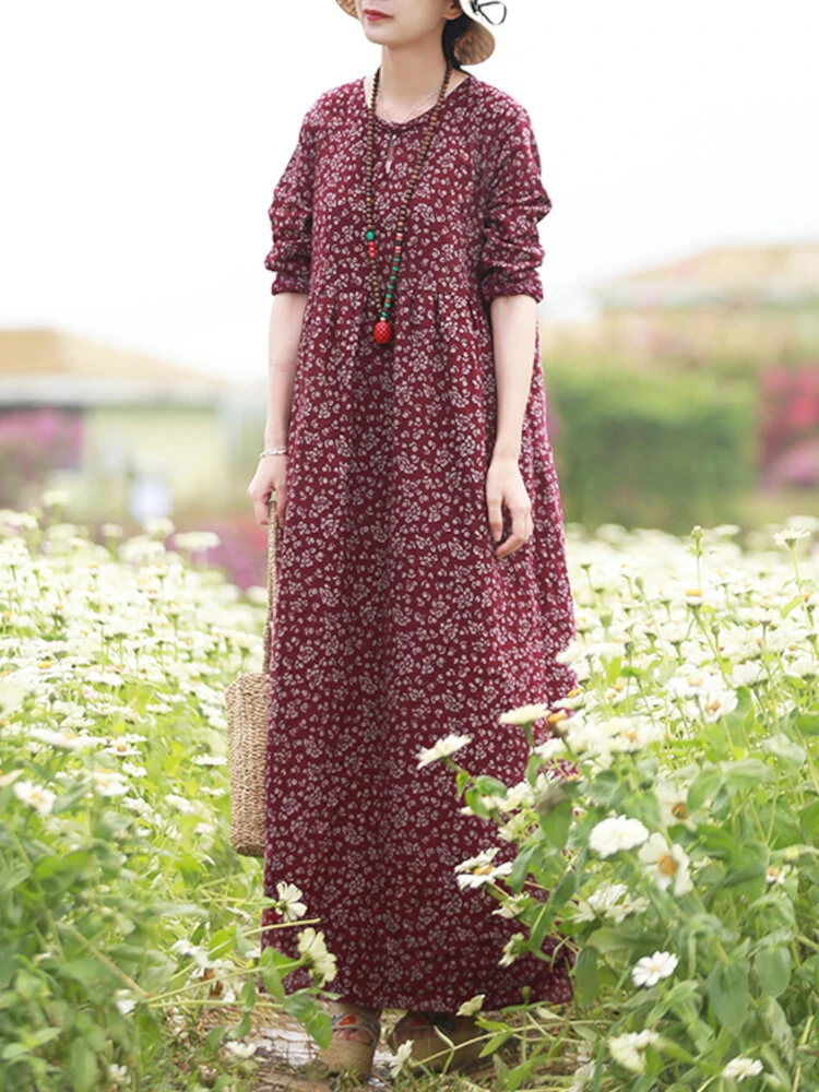 Women Floral Print O-Neck Long Sleeve Bohemian Holiday Maxi Dress With Pocket — view 2