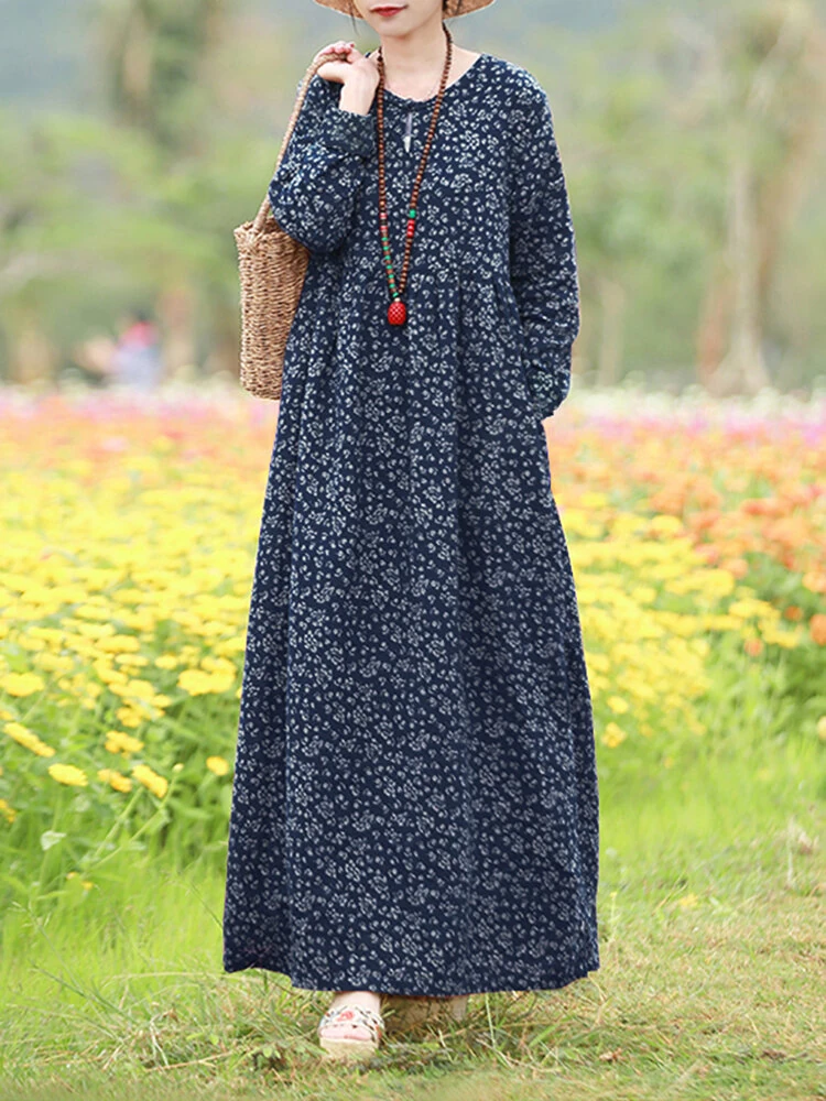 Women Floral Print O-Neck Long Sleeve Bohemian Holiday Maxi Dress With Pocket — view 3