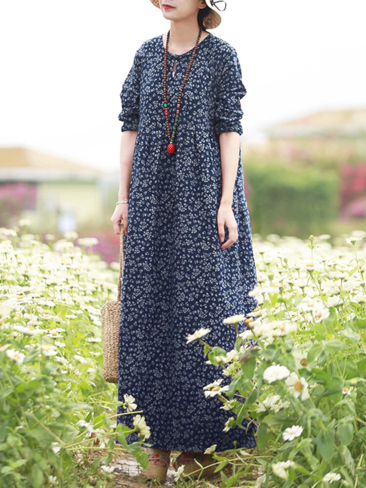 Women Floral Print O-Neck Long Sleeve Bohemian Holiday Maxi Dress With Pocket — view 4
