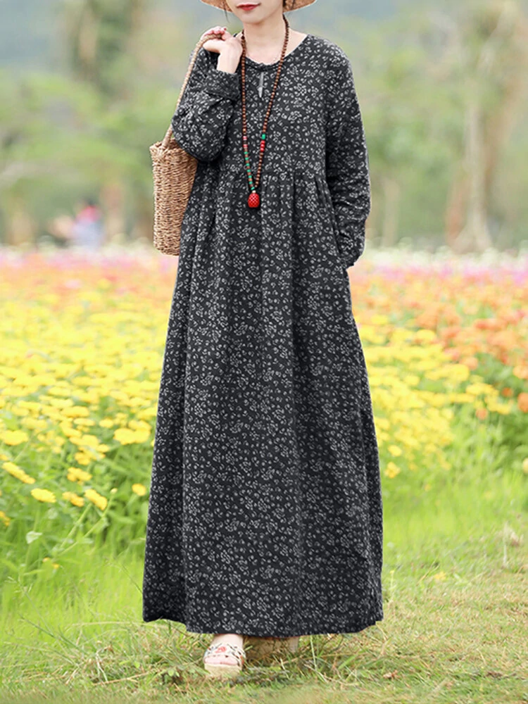 Women Floral Print O-Neck Long Sleeve Bohemian Holiday Maxi Dress With Pocket — view 5