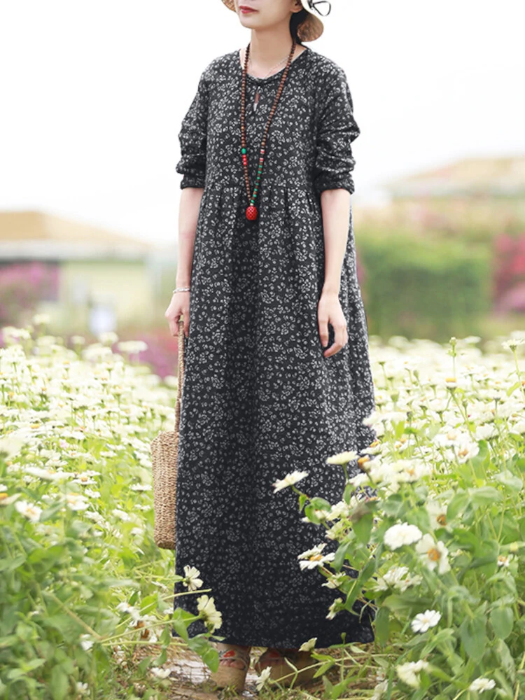 Women Floral Print O-Neck Long Sleeve Bohemian Holiday Maxi Dress With Pocket — view 6