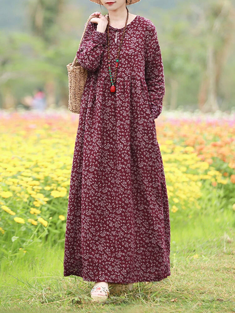 Women Floral Print O-Neck Long Sleeve Bohemian Holiday Maxi Dress With Pocket — view 7