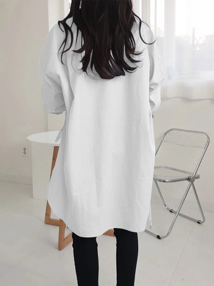 Women Lape High Low Split Tie Hem Irregular Hem Long Sleeve Shirts — view 5