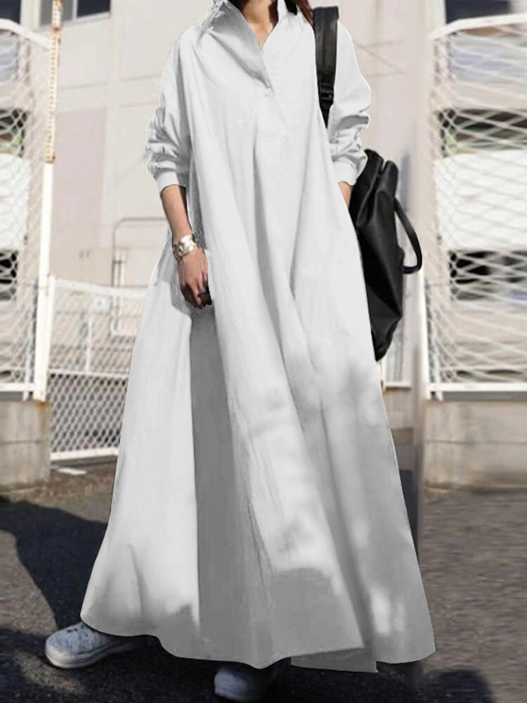 Women Solid Color Turn-down Collar Long Sleeve Button Casual Shirt Dresses