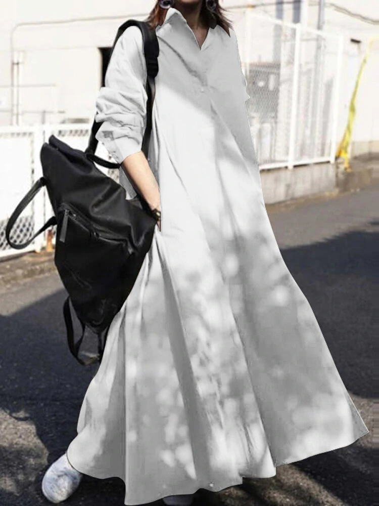 Women Solid Color Turn-down Collar Long Sleeve Button Casual Shirt Dresses — view 2