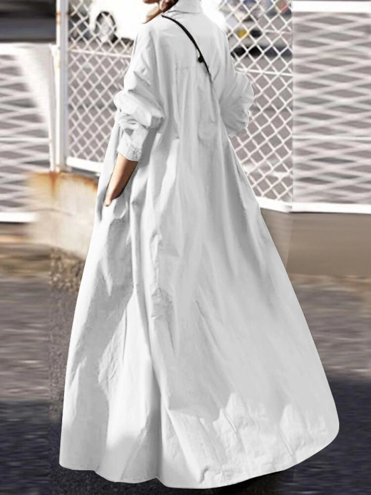 Women Solid Color Turn-down Collar Long Sleeve Button Casual Shirt Dresses — view 3
