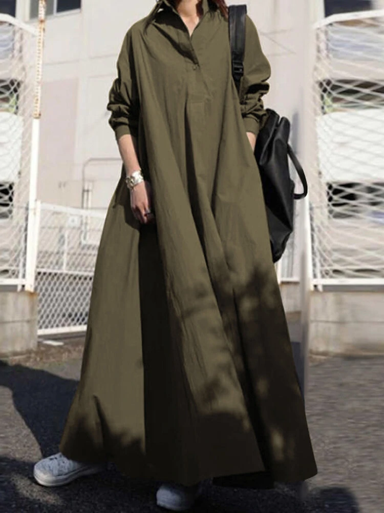 Women Solid Color Turn-down Collar Long Sleeve Button Casual Shirt Dresses — view 4