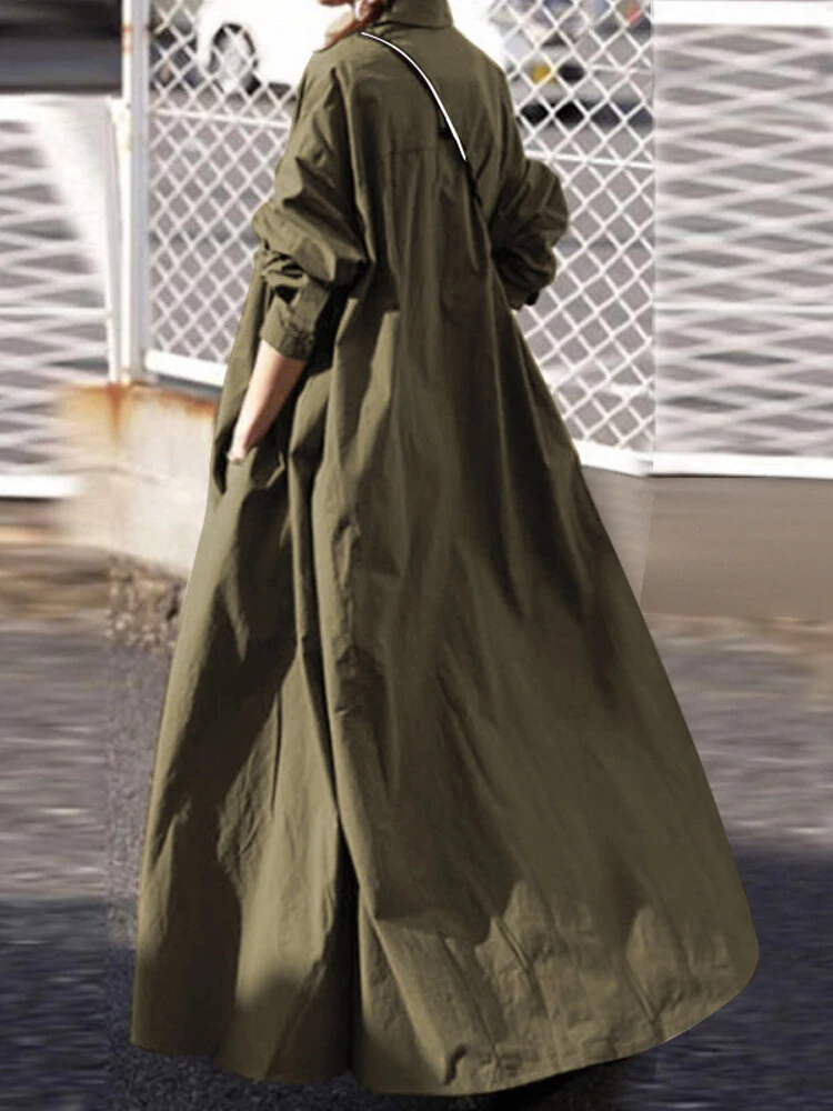 Women Solid Color Turn-down Collar Long Sleeve Button Casual Shirt Dresses — view 5