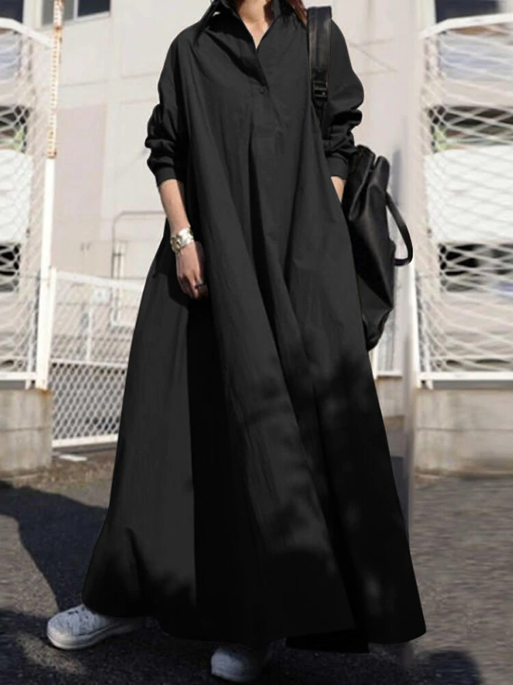 Women Solid Color Turn-down Collar Long Sleeve Button Casual Shirt Dresses — view 6