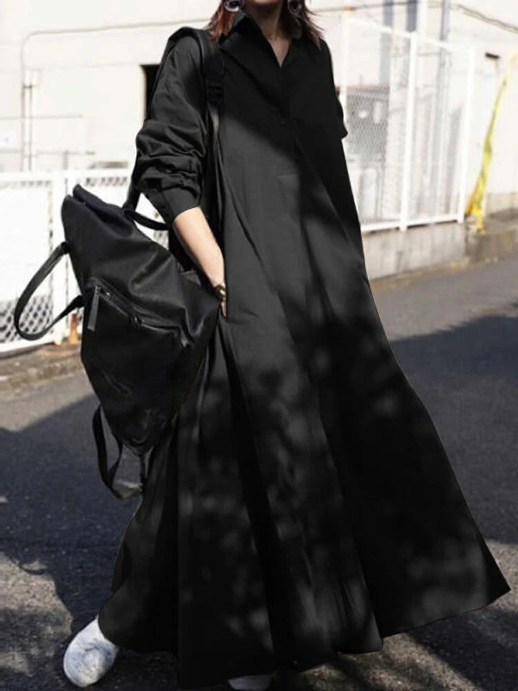 Women Solid Color Turn-down Collar Long Sleeve Button Casual Shirt Dresses — view 7