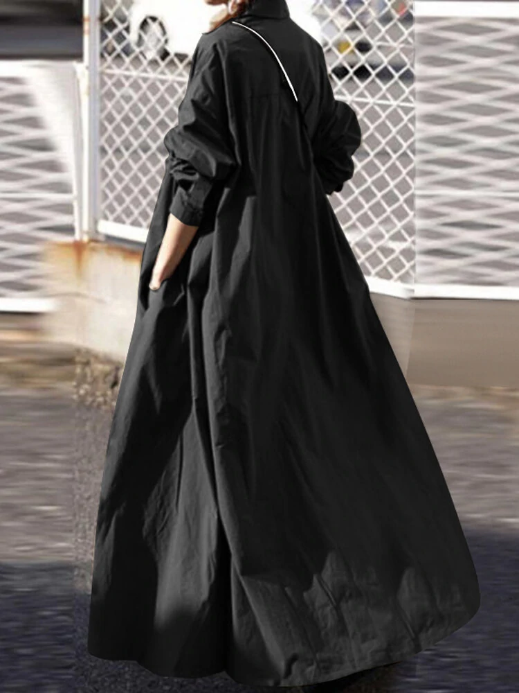 Women Solid Color Turn-down Collar Long Sleeve Button Casual Shirt Dresses — view 8