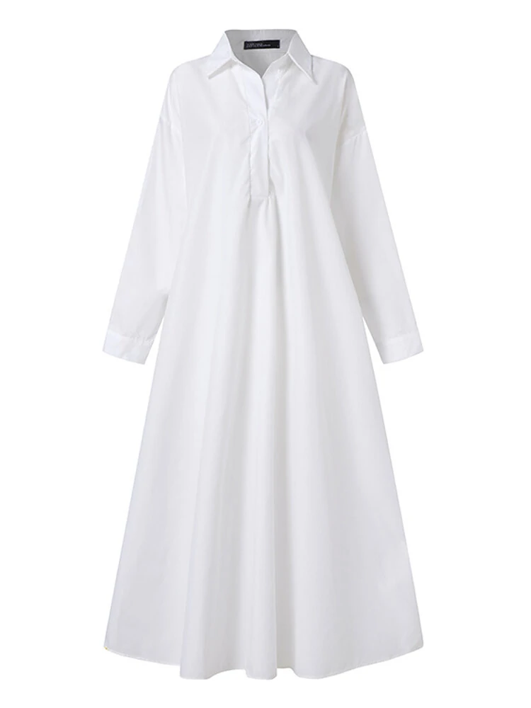 Women Solid Color Turn-down Collar Long Sleeve Button Casual Shirt Dresses — view 9