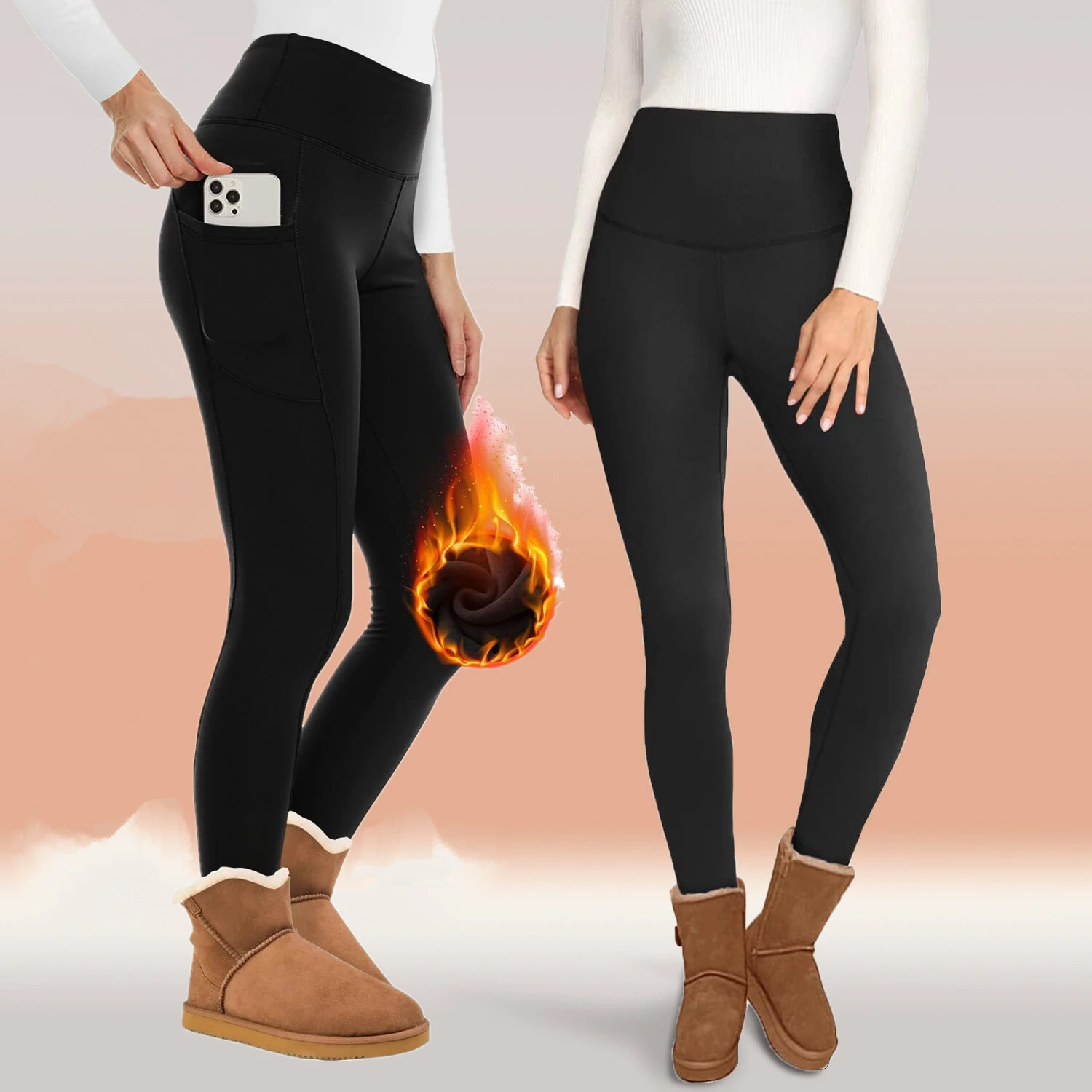 Women's Fleece Lined Leggings Thermal Warm Winter Tights High Waisted Yoga Pants Cold Gear With Pockets Autumn Winter Leggings — Women's