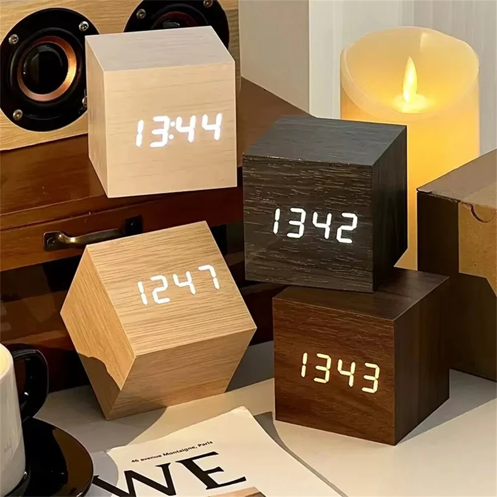 Wooden Digital Alarm Clock with Temperature Sound Control Electronic Clocks Desktop LED Bedside Clock — Pricio