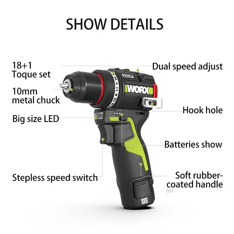 WORX WU135 Cordless Electric Drill 12V 50Nm 1800rpm Brushless Motor Smart Clutch 10mm Chuck Home Power Tool — view 6