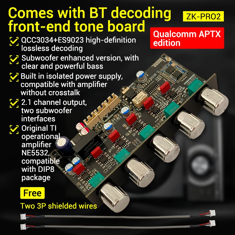 WUZERVON ZK-PRO2 Audio Tone Board Preamplifier Bluetooth 5.0 Dual Subwoofer 2.1 Channel Bass Treble Control NE5532 Voice Amplifier Decoder QCC3034+ES9023 — view 3