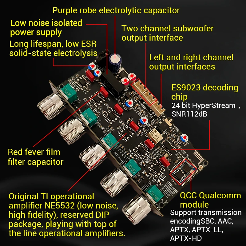 WUZERVON ZK-PRO2 Audio Tone Board Preamplifier Bluetooth 5.0 Dual Subwoofer 2.1 Channel Bass Treble Control NE5532 Voice Amplifier Decoder QCC3034+ES9023 — view 4