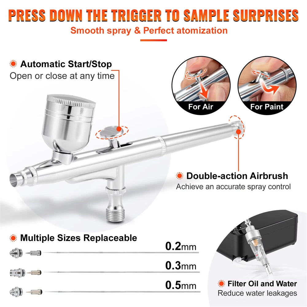 WZ100 Airbrush Compressor Kit 10L/Min 40dB Dual-Action 0.3mm 7CC Auto Start 15 PSI Stop 25 PSI 220-240V/50Hz 1/8 BSP 0.2/0.5mm Nozzles EU Plug — view 5