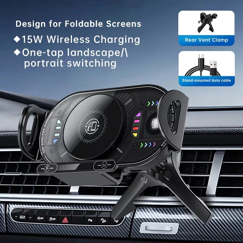 X10 15W Fast Wireless Car Charger Mount Foldable Rotating Phone Holder for Air Vent & Dashboard Compatible with Foldable Flat Screen Phones — view 3