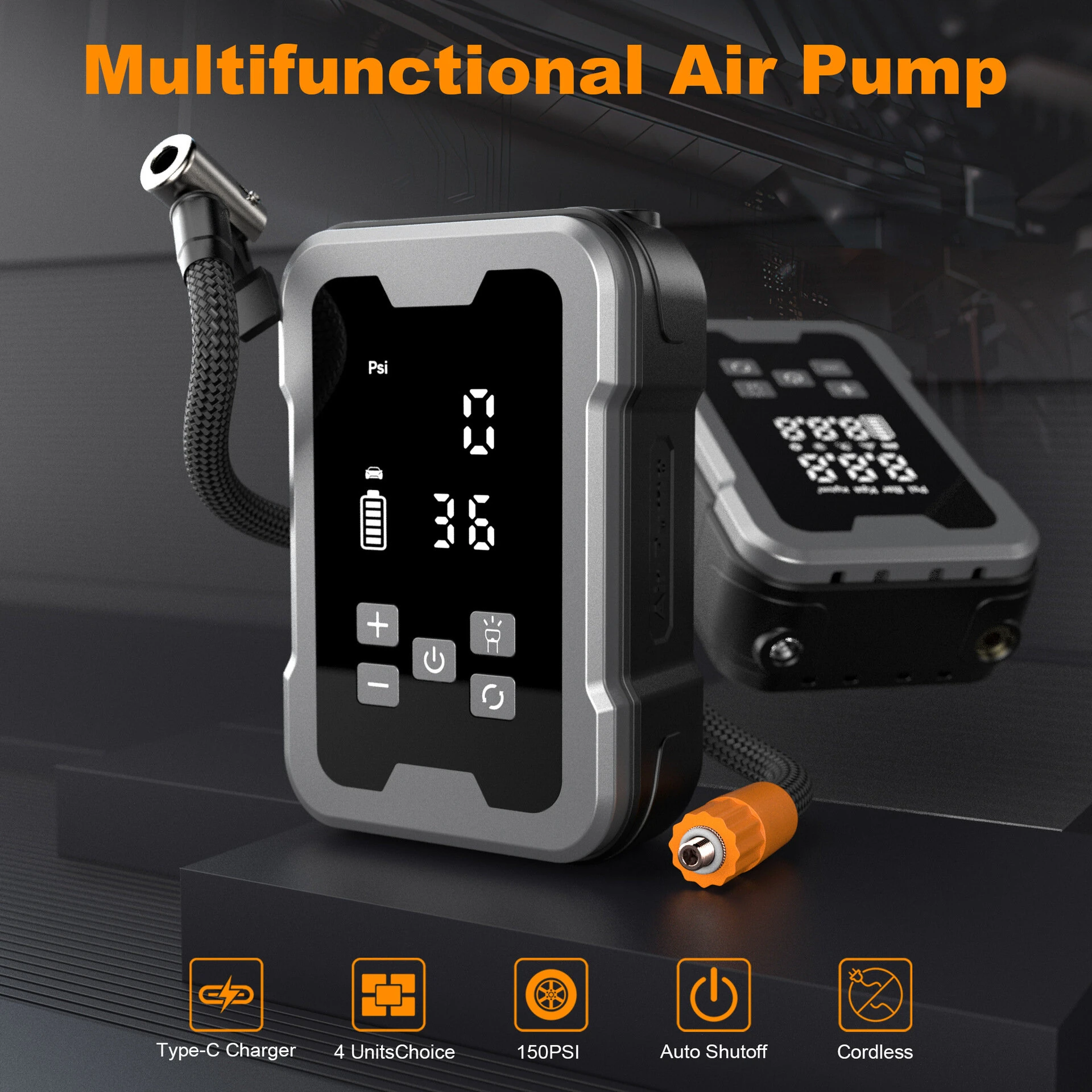 XANES 150PSI Portable Wireless Tire Inflator Digital Display Electric Air Pump with Tire Pressure Monitoring LED Light Type-C Charging — view 2