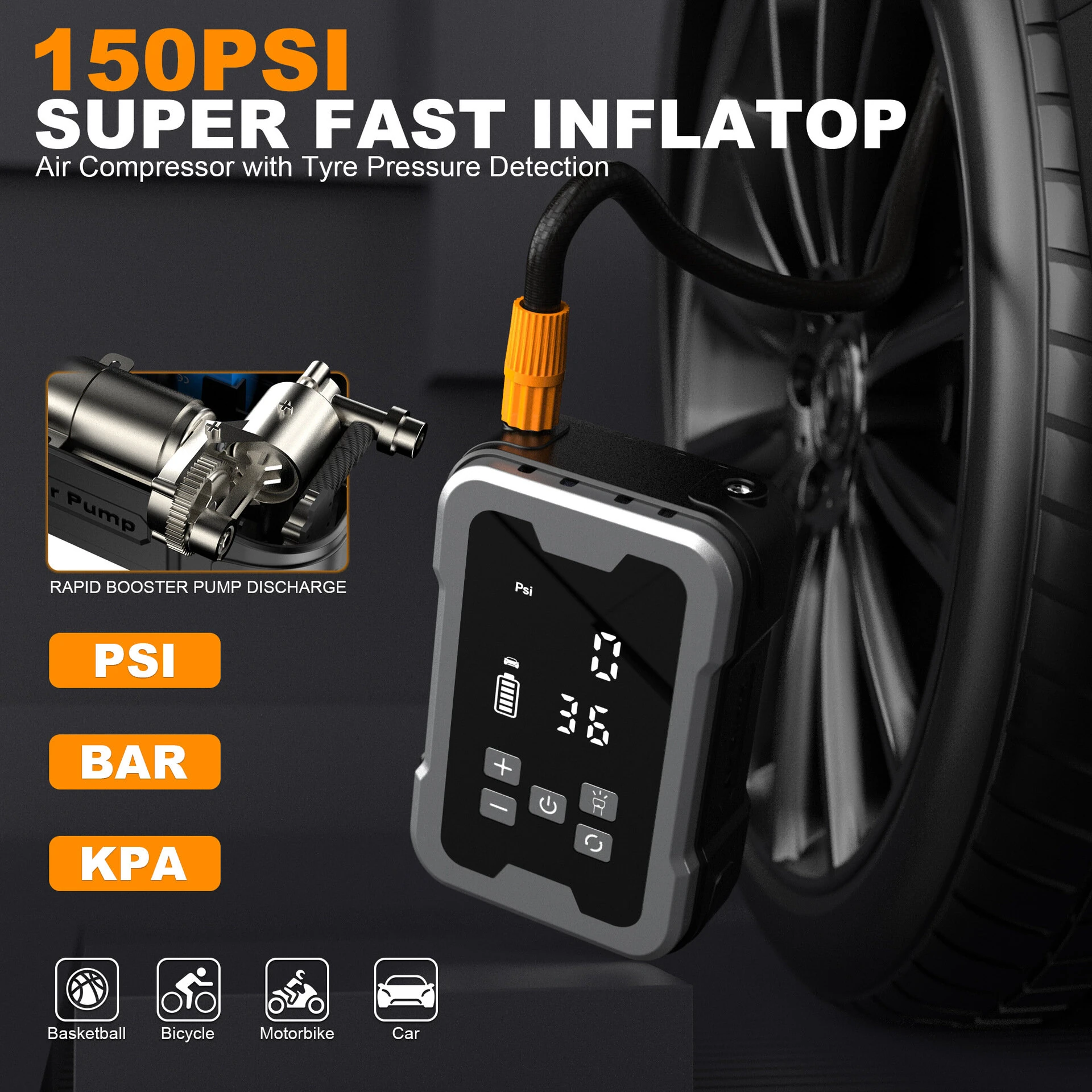 XANES 150PSI Portable Wireless Tire Inflator Digital Display Electric Air Pump with Tire Pressure Monitoring LED Light Type-C Charging — view 3