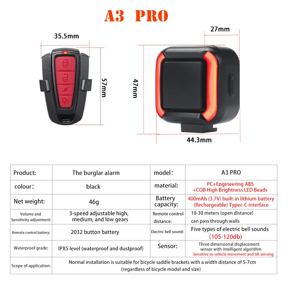 XANES 2 in 1 Wireless Bicycle Burglar Alarm Taillight 130dB High Volume,  USB Rechargeable, Waterproof Remote Bike Rear Light — view 8