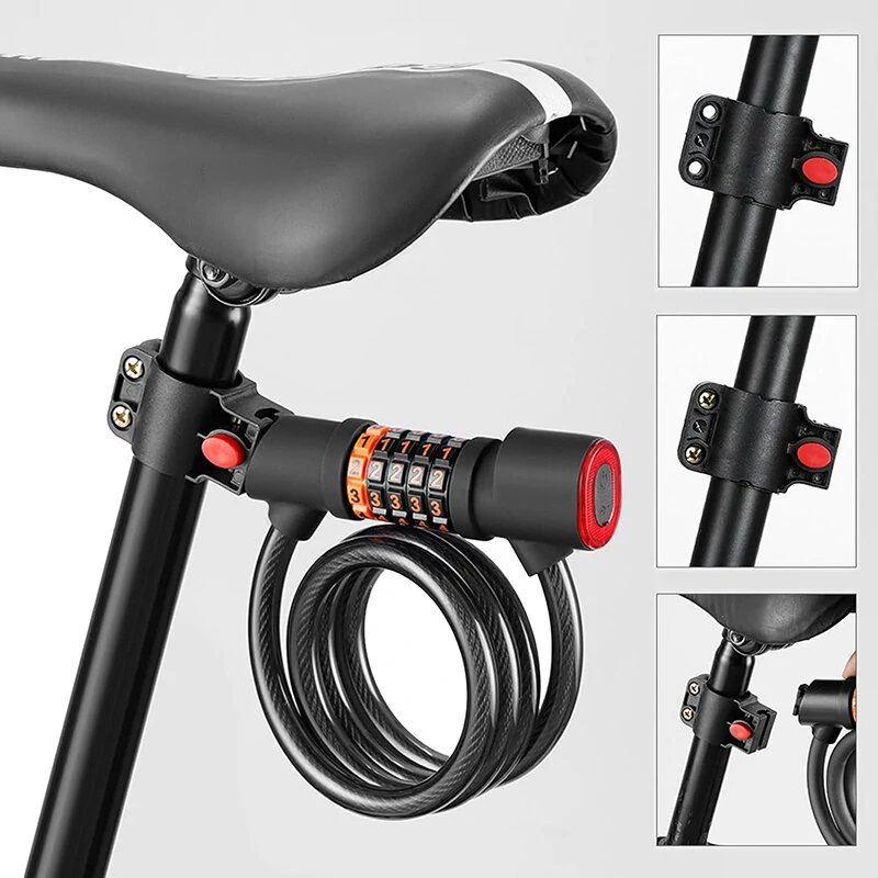 XANES Bicycle Steel Cable Lock 5 Digit Password High Security with Taillight Thicken Anti-Theft Safety Lock Motorcycle MTB Road Bike Accessories — view 2