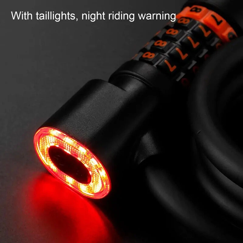 XANES Bicycle Steel Cable Lock 5 Digit Password High Security with Taillight Thicken Anti-Theft Safety Lock Motorcycle MTB Road Bike Accessories — view 3
