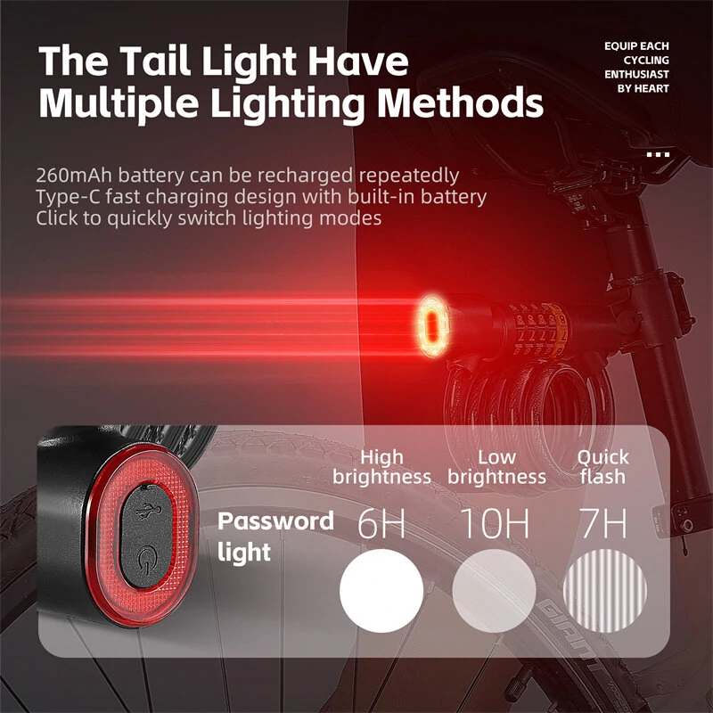 XANES Bicycle Steel Cable Lock 5 Digit Password High Security with Taillight Thicken Anti-Theft Safety Lock Motorcycle MTB Road Bike Accessories — view 4