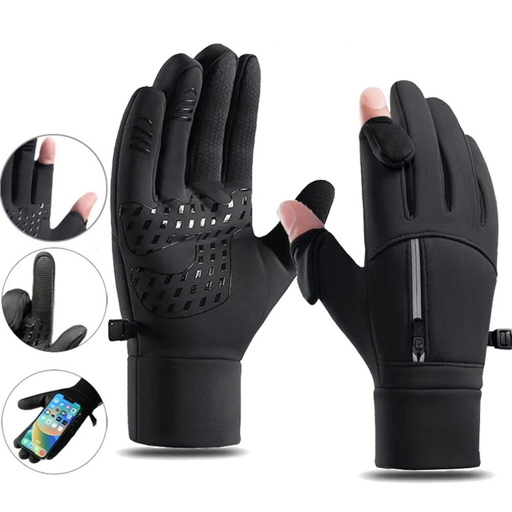 XANES Winter Touchscreen Warm Cycling Gloves Waterproof Windproof Cold-Resistant Flip Exposed Two-finger Zipper Gloves for Men Women Ski Fishing Running — XANES