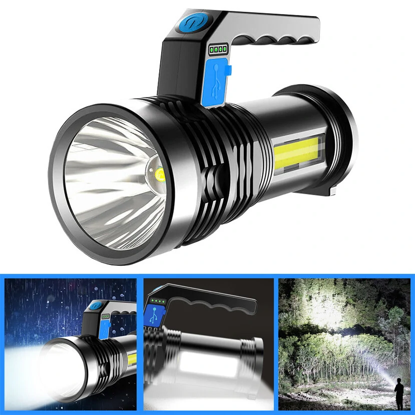 XANES® P500 Double Light 500m Long Range Strong Flashlight with COB Sidelight USB Rechargeable Powerful Handheld Spotlight LED Searchlight — Bikight