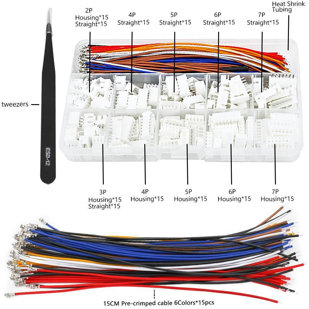 XH2.54 Connector Kit Pre-crimped Wire 150mm 2P 3P 4P 5P 6P 7P Housing Straight Pin Heat Shrink Tubing Electronics Projects — view 2