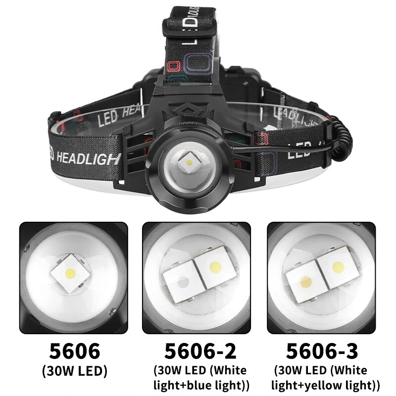XHP70 30W LED White Blue Yellow Light USB Rechargeable Headlamp Ultra Light Bright LED Headlight Portable Front Head Light Fishing Flashlight with 18650 Battery — view 7