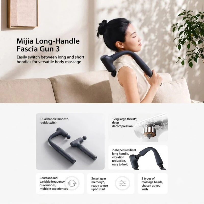 XIAOMI MIJIA Long-Handled Fascia Gun 3 With 3 Massage Heads 12kg Thrust 3-Level Speed 1900mAh Battery Portable Muscle Massager for Home Office — view 2